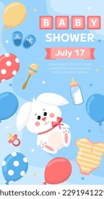 Vector baby shower invitation template poster. Cartoon childish toy white rabbit with balloons, pacifier, bottle on blue background. Vertical backdrop, flyer, brochure for event