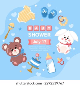 Vector baby shower invitation template poster. Cartoon childish toy bear, rabbit, kids booties, pacifier, bottle on blue background. Square backdrop, flyer, brochure for event.
