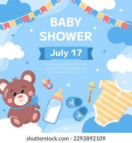 Vector baby shower invitation template poster. Cartoon childish toy bear, bodysuit, kids booties, pacifier, bottle on blue background. Square backdrop, flyer, brochure for event.