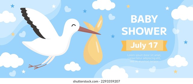 Vector baby shower invitation template. Cartoon childish flying stork with baby on blue background. Horizontal backdrop, flyer, brochure for event