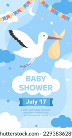 Vector baby shower invitation template. Cartoon childish flying stork with baby on blue background. Vertical backdrop, flyer, brochure for event.