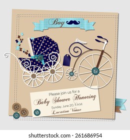 Vector Ilustración vectorial de Plantilla de invitación de ducha de bebé con un cochecito vintage y una bicicleta