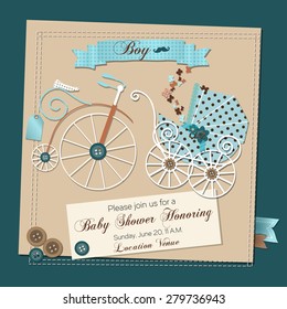 Vector Baby shower invitation template vector illustration with a vintage stroller and a bicycle