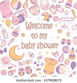 Vector baby shower invitation with text: Welcome to my beby shower