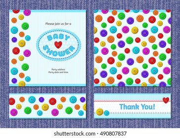 Vector baby shower invitation and thank you card with colorful buttons design