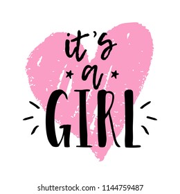 Vector baby shower poster with cute pink hand drawn heart and It's a Girl lettering. Baby arrival and shower collection with lettering and balloon. vector greeting card.