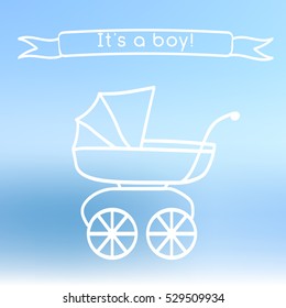 Vector baby shower sign - It's a boy with baby carriage on blurred background