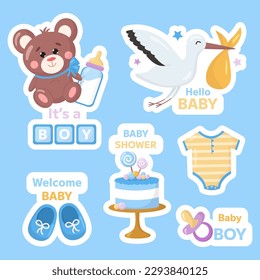 Vector baby shower stickers set for baby boy birthday day or baby shower party. Cartoon childish toy bear, kids booties, pacifier, bottle labels on blue background. Badges for event.