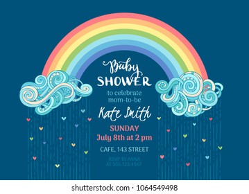 Vector Baby Shower template. Clouds and colourful rainbow on dark blue background. Bright colored hearts. Vector illustration.