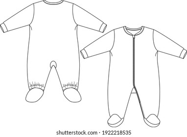 Vector Baby Sleeper. Zipper Opening. Infant Layette Clothing Elements. Fashion flat sketch template. Technical Fashion Illustration. 