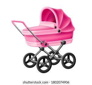 Vector baby stroller. Realistic pink newborn baby carriage. Infant girl kid pram. Transportation for toddlers. Symbol of family and motherhood