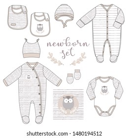 Vector baby stuff for a newborn. Baby buy set. The first clothes for a newborn baby. Overalls, hat, bib. Vector illustration.