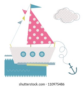 Vector baby textile stickers with cute ship and flags