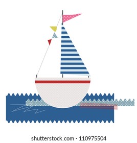 Vector baby textile stickers with cute ship