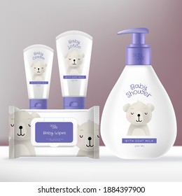 Vector Baby Toiletries or Skincare Packaging Bundle with Shampoo or Baby Wash Pump Bottle, Face and Hand Cream tube and Baby Wipes Foil Sachet Pack. Bear Illustration Print.