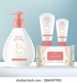 Vector Baby Toiletries or Skincare Packaging Bundle with Shampoo or Baby Wash Pump Bottle, Face and Hand Cream tube and Baby Wipes Foil Sachet Pack. Rabbit Illustration Print.