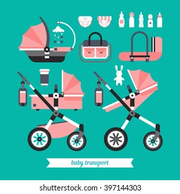 Vector baby transport set. Baby stroller transformer. Vector baby stroller set.  Newborn stuff for walking. Walking with a newborn. Baby bag. Baby shower set. Vector baby products set.