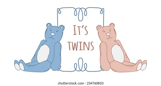 vector Baby twins shower card. Arrival card with place for your text.