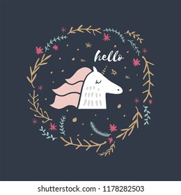 Vector baby unicorn face art with hand drawn lettering. Kids illustration for prints, birthday invitations, cards. Girl postcard with magical pony, wreath flowers, gold elements