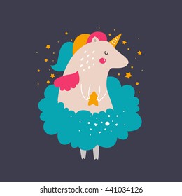 Vector baby unicorn. Kids illustration for design prints, cards and birthday invitations. Girl cards with cute unicorn and stars