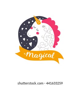 Vector baby unicorn. Kids illustration for design prints, cards and birthday invitations. Girl cards with cute unicorn, flowers and hand drawn lettering on white
