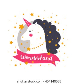 Vector baby unicorn. Kids illustration for design prints, cards and birthday invitations. Girl cards with cute unicorn, flowers and hand drawn lettering on white