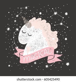 Vector baby unicorn and stars. Kids illustration for design prints, cards, shirt, fashion and birthday invitations.