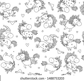 Vector  baby unicorns cartoons seamless pattern, black silhouette isolated.