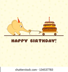 Vector baby's greeting card Happy Birthday (cartoon elephant calf with cake and one candle)