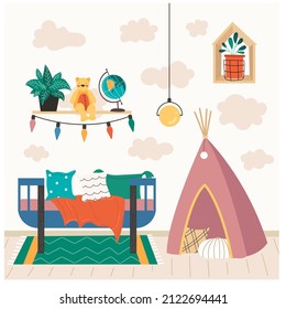 Vector Baby's Room with Furniture,Crib, Shelves with decor, rug, walls with Clouds.Children's Cozy Scandinavian Interior.hand drawn flat illustration.
