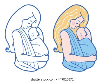 Vector Babywearing Illustration With Mother Hugging Baby In a Sling. Color and Drawing set. Simple lineart style.