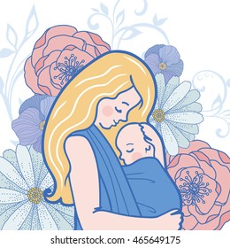 Vector Babywearing Illustration With Mother Hugging Baby In a Sling. Detailed Flowers on Background. 