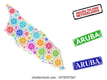 Vector bacilla collage Aruba Island map, and grunge Aruba seals. Vector colorful Aruba Island map collage, and Aruba unclean framed rectangle seals.