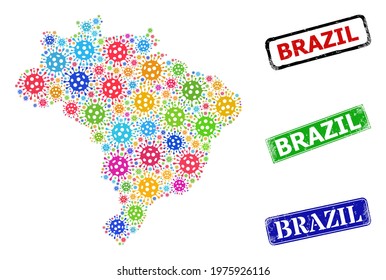 Vector bacilla collage Brazil map, and grunge Brazil stamps. Vector multi-colored Brazil map collage, and Brazil rubber framed rectangle stamps.