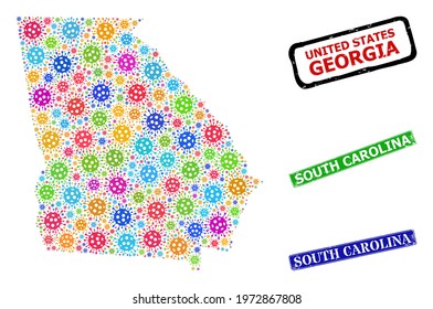 Vector bacilla collage Georgia State map, and grunge South Carolina stamps. Vector multi-colored Georgia State map mosaic, and South Carolina dirty framed rectangle seal prints.