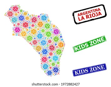 Vector bacilla collage La Rioja of Argentina map, and grunge Kids Zone stamps. Vector multi-colored La Rioja of Argentina map collage, and Kids Zone grunge framed rectangle stamp seals.