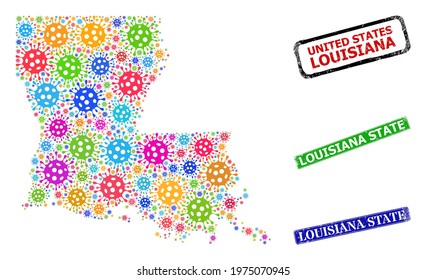 Vector bacilla collage Louisiana State map, and grunge Louisiana State seal stamps. Vector colored Louisiana State map mosaic, and Louisiana State dirty framed rectangle seal imitations.
