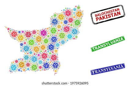 Vector bacilla mosaic Balochistan Province map, and grunge Transylvania seal stamps. Vector multi-colored Balochistan Province map mosaic, and Transylvania rubber framed rectangle stamps.