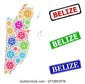 Vector bacilla mosaic Belize map, and grunge Belize seal stamps. Vector colorful Belize map mosaic, and Belize rubber framed rectangle seal imitations.