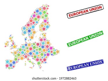 Vector bacilla mosaic European Union map, and grunge European Union seals. Vector multi-colored European Union map mosaic, and European Union dirty framed rectangle stamp seals.