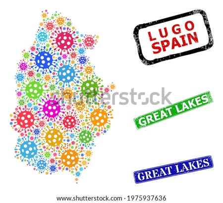Vector bacilla mosaic Lugo Province map, and grunge Great Lakes seals. Vector vibrant Lugo Province map mosaic, and Great Lakes unclean framed rectangle seals.