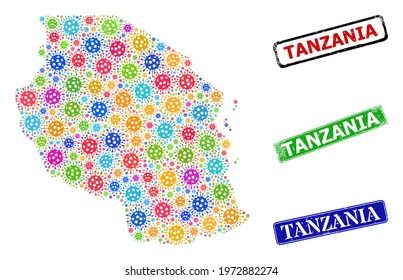 Vector bacilla mosaic Tanzania map, and grunge Tanzania badges. Vector multi-colored Tanzania map collage, and Tanzania grunge framed rectangle stamp seals.