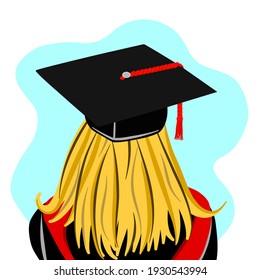 Vector of back close up of graduates girl with graduation black-red gown and hat, with blue color background for joyfulable.