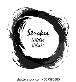 Vector back and gray ink brush strokes in circle. Hand drawn textured paint splash spots, grunge background in vector. Natural design elements of paint in circle. Paint brush strokes banner background