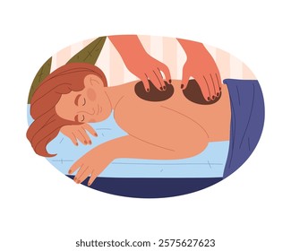 Vector back massage illustration. Manual therapy with physician and muscle tension relief. Spa sign for relaxation and posture care. Spine recovery. Therapeutic session for body pain treatment.