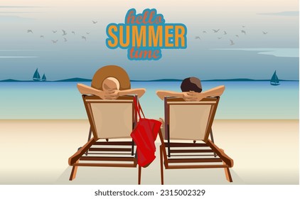 vector back pose male and female couple in round hats casually and handy bag lying enjoy sunbathe on beach chairs celebrating summer time