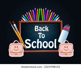 Vector back to school background with color pencil and bag.