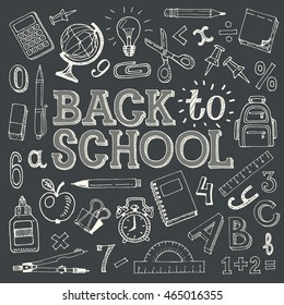 Vector 'Back To School'  background with doodle Icons, isolated on chalkboard.