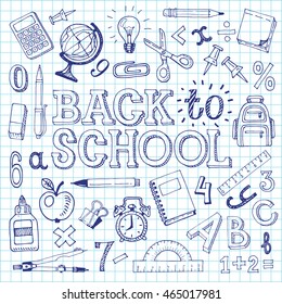 Vector 'Back To School'  background with doodle Icons, isolated on a sheet of exercise book.