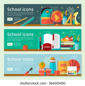 Vector Back To School Banner concept design. Horizontal banners of education with school items. Back to school advertising for web and promotional materials. Education icons set in flat style. 